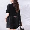 Foto Real de una Camiseta de Manga Corta Falsa de Dos Piezas con Parches Calados, Elegante Diseño de Verano, Top Casual Negro para Mujer
