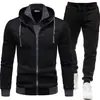 Conjunto deportivo casual de otoño e invierno con empalme para hombre, chaqueta con capucha de manga larga y pantalones largos