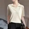 Camiseta de Punto Fina para Mujer de Verano Nuevo Estilo Lyocell Lino Hilo Puntado Cuello Solapa Manga Corta Pulóver