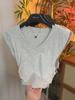 Blusa de Verão com Cintura Plissada, Decote V, Mangas Curtas Borboleta Pequenas, Design Sexy Slim Niche, Camiseta para Mulheres