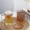 Taza de Vidrio Rayada Estilo Ins con Tapa y Asa Taza con Popote Taza de Vidrio para Beber en Casa de Aspecto Elegante