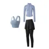 Conjunto de Tres Piezas de Fitness de Color Sólido de Moda: Chaqueta Ajustada con Cremallera y Mangas Largas, Sujetador Trasero Hermoso, Pantalones de Dos Piezas Falsos, Conjunto de Yoga para Mujer