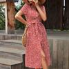 100% RopaComercio Transfronterizo de Amazon Retro Europeo y Americano Dulce Verano Cuello en V Floral Abertura Vestido