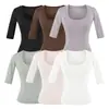 Camiseta Sexy de Estilo Americano con Cuello en U y Mangas Medias de Color Sólido, Nueva Moda de Verano Versátil Ajustada Corta para Mujer