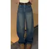 Pantalones retro azules de bajo curvo para mujer, nuevo estilo primavera y otoño, diseño holgado, adelgazantes y con caída, jeans casuales de pierna ancha tipo guadaña