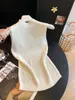Top Regata de Malha Texturizada Sem Mangas com Gola Alta Meia-Boca para Mulheres, Emagrecedor e Versátil, Top Off-Shoulder Elástico