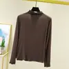 Camiseta de Algodón de Manga Larga con Cuello Alto para Mujer, Nueva de Verano, Estilo Coreano, Color Sólido, Delgada, Holgada, Adelgazante, Tallas Grandes, Camiseta Base