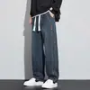 Calça jeans masculina com forro de fleece, corte reto solto, estilo retro americano, cintura elástica, calça comprida casual de workwear, calça de trabalho durável para homens