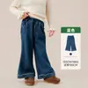Roupas Infantis Tongbei 2026 Inverno Novo Jeans Flare para Meninas Bordado Doce Forrado com Fleece Versátil Casual Calças Longas