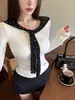 Chal con Estampado de Lunares Camiseta de Manga Larga Falsa de Dos Piezas para Mujer Principios de Otoño Ajustado Ceñido Corto Capa Interior Camiseta Base Superior