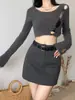 Falda retro estilo americano gris de cintura alta línea A para mujer primavera 2024 Nueva falda sexy ajustada para cadera de chica popular