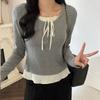 Foto Real de un Top Corto Falso de Dos Piezas con Diseño Único y Exquisito de Volantes, Camiseta de Manga Larga para Mujer, Primavera 2025