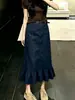 Saia Azul Escuro Feminina 2026 Verão Nova Babados Cintura Alta Emagrecedora Estilo Coreano Elegante Midi de Barra A