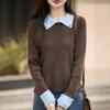 2025 Novo Outono e Inverno Lã Penteada Lapela Tricô Manga Longa Feminino Bloqueado por Cores Aparência Emagrecedora Camiseta Base Top
