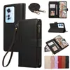 Funda tipo cartera con cremallera y múltiples ranuras para tarjetas en relieve para Oppo A6X con correa para el cuello Find X9Ultra Funda de cuero tipo flip