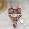 Bikini Sexy de Dos Piezas con Estampado Vintage, sin Tirantes, de Atar, Huecos y Pierna Alta para Mujer 2026 Nuevo