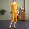 Conjunto de dos piezas casual holgado adelgazante de algodón y lino de talla grande retro de verano 2025 con pantalones harem cortos