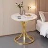 Mesa de centro de losa de roca de lujo ligero con marco de hierro, adecuada para apartamentos pequeños, sala de estar, mesa auxiliar de sofá, estilo minimalista moderno, mesa redonda pequeña para balcón