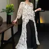 Nuevo Top Largo con Estampado de Pintura China con Tinta para Mujer, Cuello en V, Volantes, Ambiente de Estilo Nacional