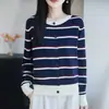 Outono/Inverno 2026 Novo Estilo Coreano Algodão Puro Gola Redonda Cardigan de Tricô Manga Longa Feminino Blocos de Cor Listrado Top Solto