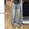 Calça Jeans Vintage Workwear para Mulheres Outono 2025 Novo Design Solto com Bolso Grande Casual Americano Calça de Pernas Largas
