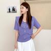 Tejido de punto empalmado de manga corta popular francés para mujer 2025 Nuevo Otoño Top de encaje retro Camiseta básica delgada