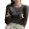 Camisa Base de Cor Sólida para Mulheres 2024 Novo Outono e Inverno Versátil Roupa de Baixo Cinza Gola Redonda Malha Estilo Francês Top Interno