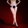 Meia-calça Preta Brilho Óleo de Cavalo Tamanho Plus Size Ultra Fina Anti-Puxões Sexy com Abertura na Virilha e Suspensórios