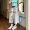 Calças Cropped Cinzas Femininas Letra Amor Marca de Moda Rua Soltas Preguiçosas Verão Americanas Retas Shorts Moda 2025