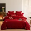 Paz e Alegria~Conjunto de Casamento de Quatro Peças Bordado de Alta Qualidade Vermelho Brilhante Algodão Puro Fio 100 de Alta Contagem, Tecido Espesso Escovado 100% Algodão