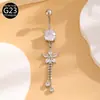 Anillo de Ombligo Largo de Aleación de Titanio F136 Incrustado con Flor de Mariposa de Circonita Corazón Anillo de Ombligo con Forma de Corazón Adorno de Ombligo G23
