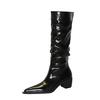 009-18 Botas de Mujer de Caña Alta Estilo Retro Europeo y Americano Tacón Grueso Tacón Medio Punta Afilada Arrugadas Brillantes Botas Altas Botas de Caballero