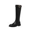 Fivela de cinto estilo britânico couro bovino integral botas de cavaleiro retas outono e inverno 2026 salto médio grosso bico redondo couro genuíno cano alto botas longas para mulheres