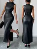 Moda Femenina Europea y Americana 2026 Elegante Sin Mangas de Cuero Sintético Cintura con Abertura Corsé Atar Ajustado Vestido Largo Estilo Francés Ropa de Mujer