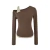 Conjunto de Dos Piezas Camiseta de Manga Larga Asimétrica Off-the-Shoulder Estilo Coreano para Mujer, Nueva Llegada de Otoño, Adelgazante, Top Base Diagonal