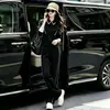 Elegante traje casual de moda negro para mujer, otoño e invierno, juvenil y elegante, conjunto de dos piezas de sudadera con cuello de manga larga y pantalones de pierna ancha