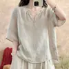 Camisa de Lino y Algodón de Color Sólido con Cuello en V Pulóver Literario de Gama Alta para Mujer Top Holgado Versátil Camisa Corta Pequeña