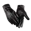 Luvas masculinas de outono e inverno com três costelas pele de carneiro pu tela sensível ao toque com veludo espesso algodão para dirigir à prova d'água à prova de vento quentes