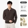 Suéter Polo Retro de Meio Zíper de Alta Qualidade Masculino Outono Cor Sólida Gola Lapela Texturizada Casual Malha de Manga Longa