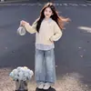 Sudadera Casual de Manga Larga para Niñas Primavera y Otoño 2026, Top Único Estilo Coreano con Lazo, Conjunto de Dos Piezas de Mezclilla Holgado para Niños