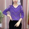 Camiseta de Fondo de Cuello en V Primavera y Otoño 2025 para Mujer, Nueva Moda, Top Delgado con Diamantes de Imitación Calientes, Ajustado, Elástico, Camiseta de Mamá