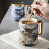 Taza de cerámica pequeña de lujo de estilo europeo con tapa y cuchara para el hogar y la oficina, taza de agua para café de mármol de estilo moderno.