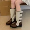 Botas de Plataforma Longas Femininas 2026 Nova Primavera/Outono Cor Blocada Retro Fivela de Couro Botas Martin Estilo Western Cano Alto Botas de Cavaleiro