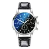 Relógio masculino de quartzo com pulseira de aço de três olhos e vidro colorido de luz azul direto da fábrica, presente para homens, relógio masculino por atacado