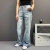 Jeans Americanos de Calle Lavados Azul Claro Micro-Campana Unisex Sueltos Adelgazantes No Aprietan las Piernas Pantalones de Pierna Recta Ajustados