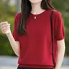 Blusa de manga curta, gola redonda, lisa, cor sólida, estilo coreano, corte reto, com mangas bufantes, 100% lã, adequada para usar em camadas, disponível para dropshipping