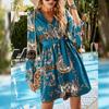 Vestido corto bohemio playero con escote en V y protector solar, estilo occidental, adelgazante, elástico en los cuatro lados, estampado, con mangas acampanadas.