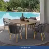 Villa Nórdica Silla de Comedor de Madera Maciza Terraza de Ocio Mesa Redonda de Teca Balcón al Aire Libre Mesa y Silla de Té Silla Creativa de Ratán Juego de Tres Piezas