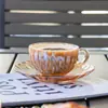Taza y Platillo de Café de Lujo Accesible Popular Rayas Taza Latte Color Champán Vidrio Retro Juego de Tazas de Té con Flor