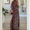 Europeo y Americano Nueva Moda Cuello en V Manga Corta Suelto Bohemio Vacaciones Falda Larga Vestido Floral Estampado